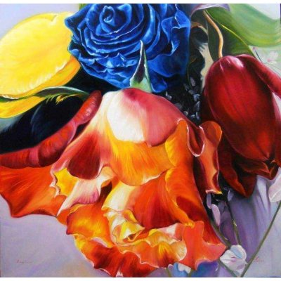 OLIO SU TELA IRMA SERVODIO 'IL MONDO SI COLORA D'AMORE' dimensioni L 100 x H 100 cm.