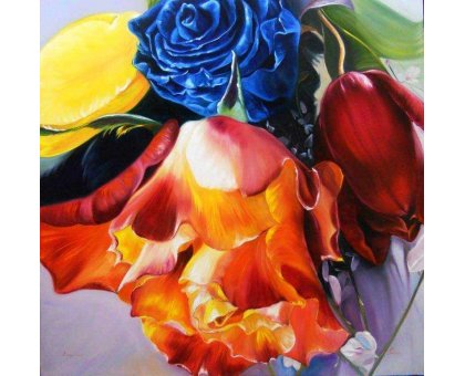 OLIO SU TELA IRMA SERVODIO 'IL MONDO SI COLORA D'AMORE' dimensioni L 100 x H 100 cm.