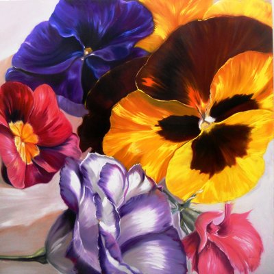 OLIO SU TELA IRMA SERVODIO ' GUARDA CHE BEI FIORI SONO NATI!' dimensioni L 80 x H 80 cm.
