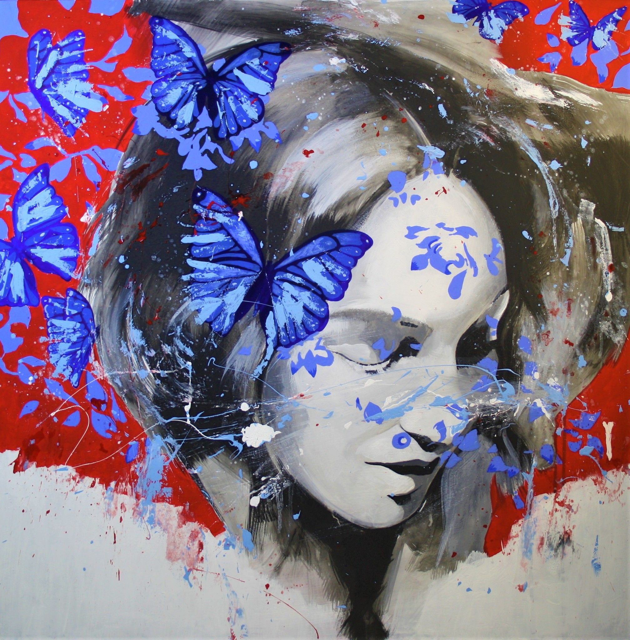 MIXED MEDIA MASSIMO PENNACCHINI " BUTTERFLY WOMAN "  size  L 90 x H 90 cm.