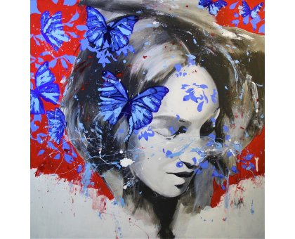 MIXED MEDIA MASSIMO PENNACCHINI " BUTTERFLY WOMAN " size L 90 x H 90 cm.