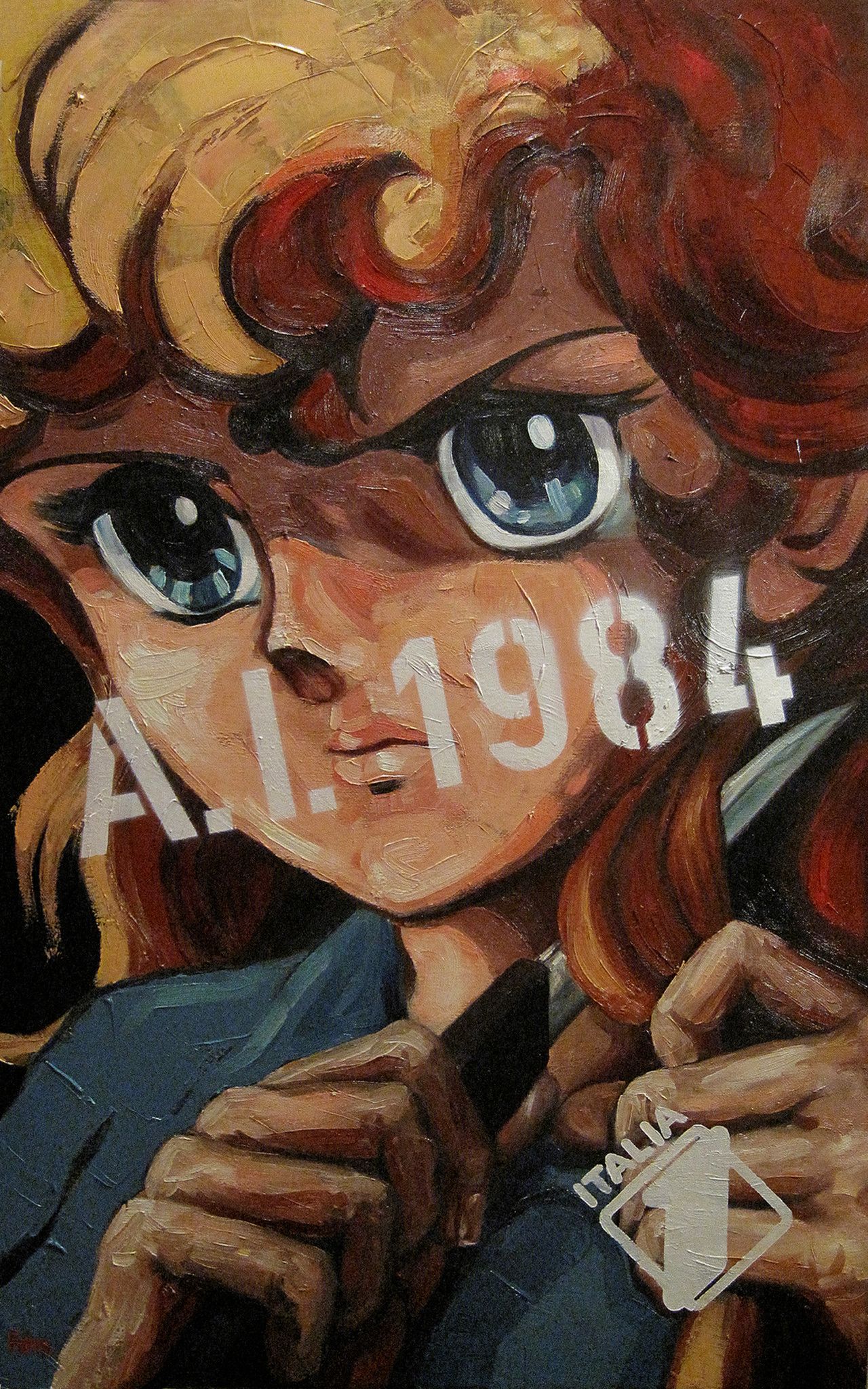 MIXED MEDIA FRANCESCA DI MARTINO ' GEORGIE A.I. 1984 '  dimensioni L 80 x H 130 cm.