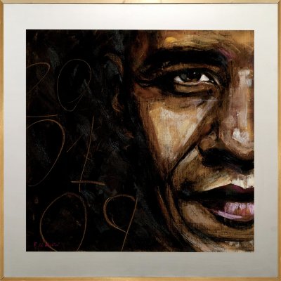 MIXED MEDIA FRANCESCA DI MARTINO ' OBAMA ' dimensioni L 100 x H 100 cm.