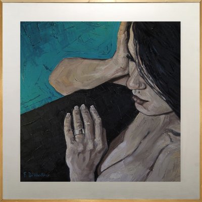 OLIO SU TELA FRANCESCA DI MARTINO ' VICO SPEZZANO, 6 ' dimensioni L 100 x H 100 cm.