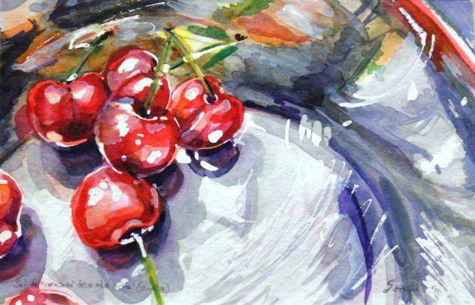 ACQUERELLO SU CARTA  IRMA SERVODIO " SEI LA CERASELLA DELLA MIA VITA!"  dimensioni L 23 x H 15 cm.