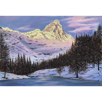 ACRILICO SU TELA CLAUDIO COSTA ' TRAMONTO SUL CERVINO CON IL LAGO BLU ' dimensioni L 100 x H 70 cm.