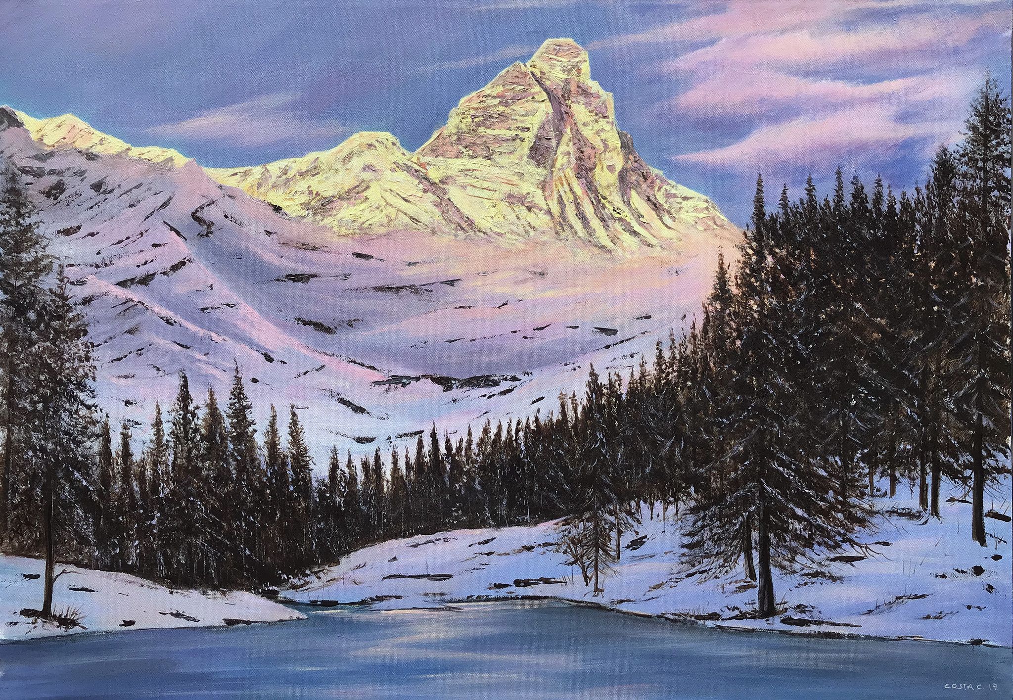 ACRYLIC ON CANVAS CLAUDIO COSTA ' TRAMONTO SUL CERVINO CON IL LAGO BLU '  size  L 100 x H 70 cm.