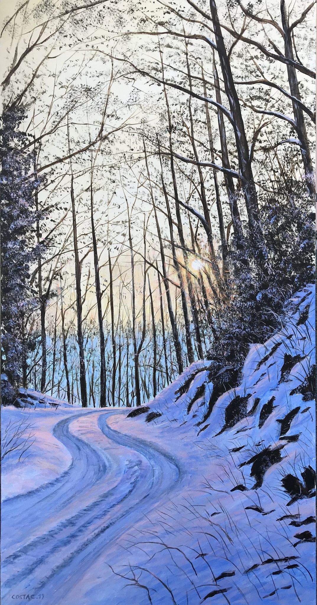 ACRILICO SU TELA CLAUDIO COSTA ' SENTIERO IN INVERNO '  dimensioni L 50 x H 100 cm.
