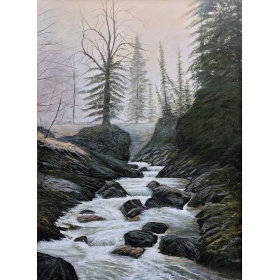 ACRILICO SU TELA CLAUDIO COSTA ' TORRENTE DI MONTAGNA ' dimensioni L 80 x H 120 cm.