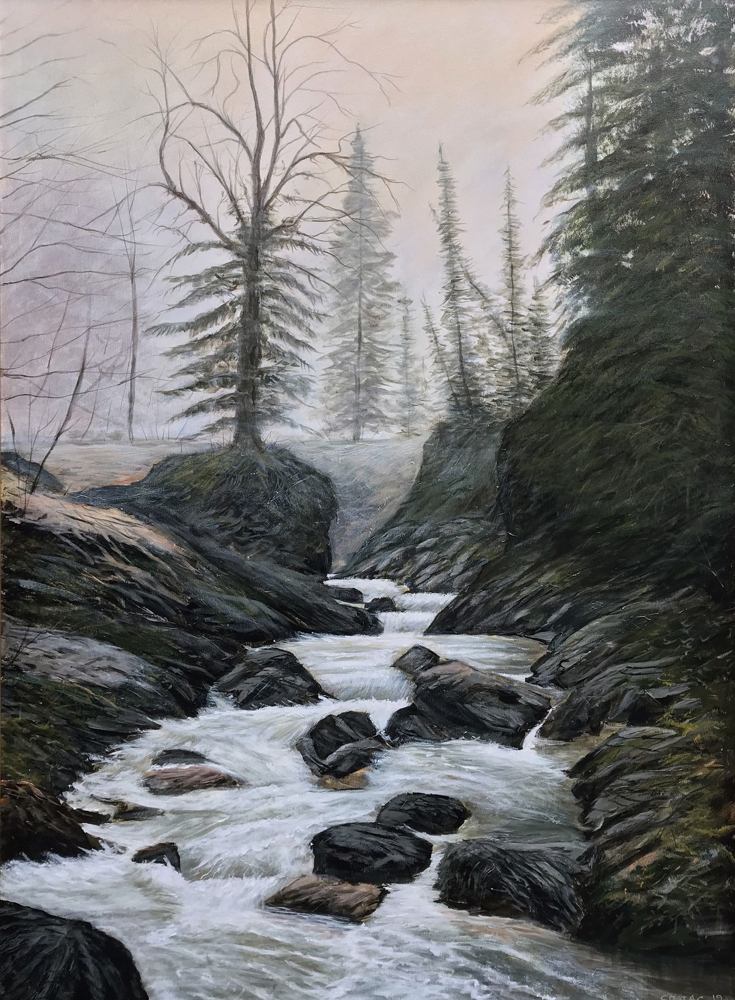 ACRYLIC ON CANVAS  SU TELA CLAUDIO COSTA ' TORRENTE DI MONTAGNA '  size  L 80 x H 120 cm.