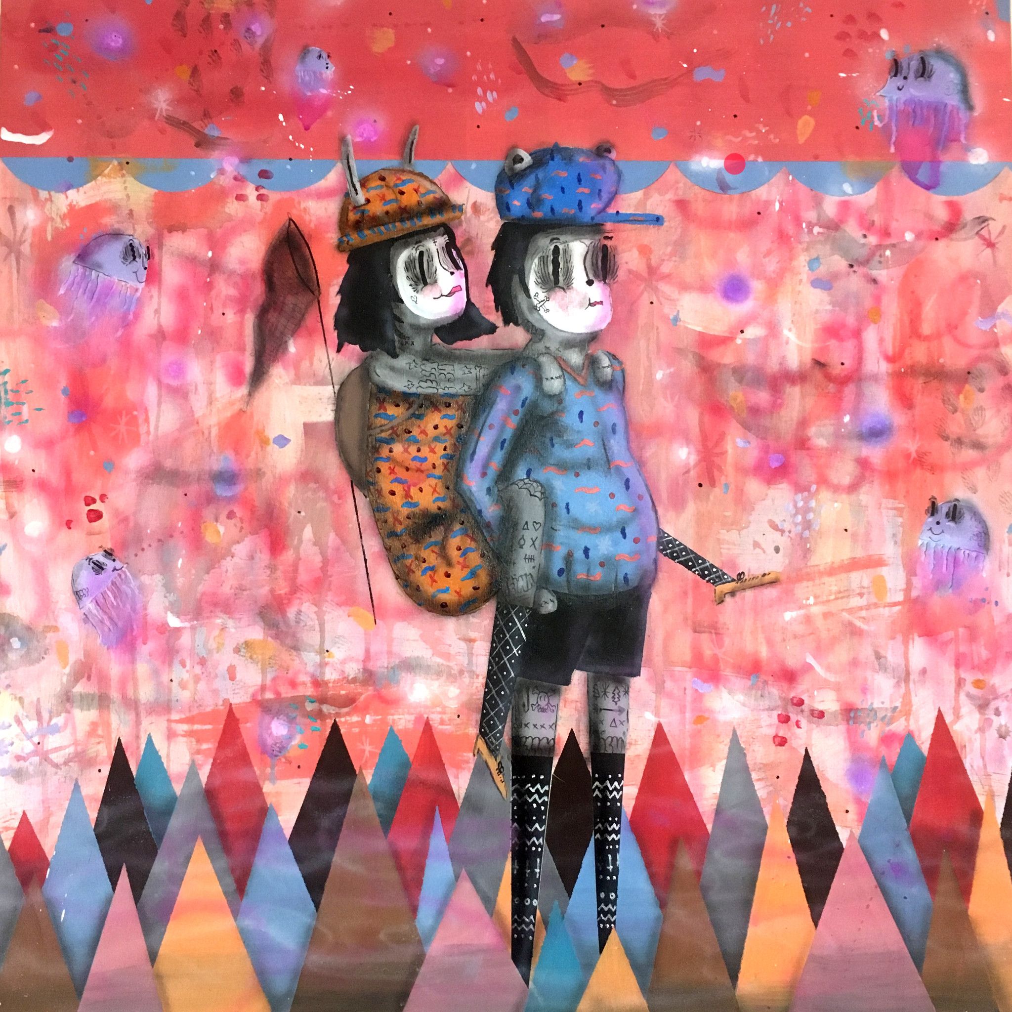 ACRILICO SU LEGNO DAVARO COMAS " FISHING FOR JELLYFISH " dimensioni L 155 x H 155 cm.