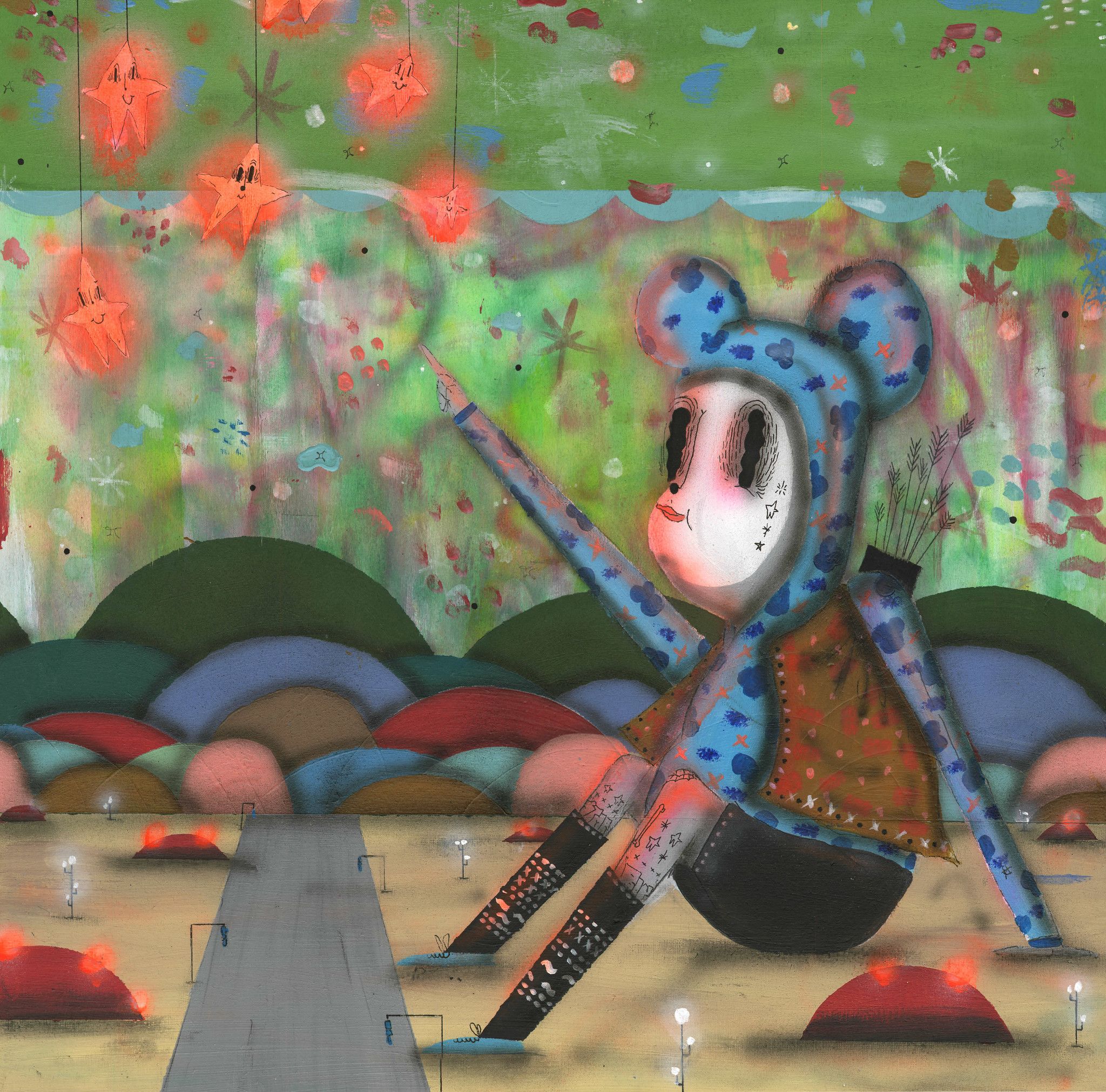 ACRILICO SU LEGNO RAMIRO DAVARO COMAS " ELECTRIC STAR BOY " dimensioni L 130 x H 130 cm.