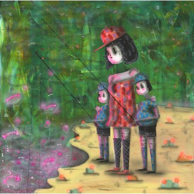 ACRILICO SU LEGNO RAMIRO DAVARO COMAS ' ELECTRIC FISHING WITH MOM ' dimensioni L 140 x H 140 cm.