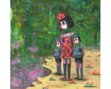ACRILICO SU LEGNO RAMIRO DAVARO COMAS ' ELECTRIC FISHING WITH MOM ' dimensioni L 140 x H 140 cm.