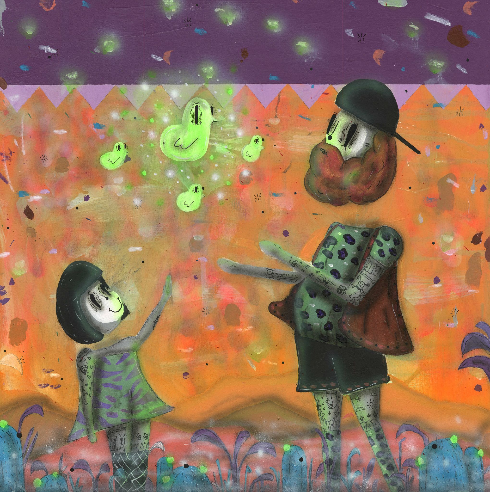 ACRILICO SU LEGNO RAMIRO DAVARO COMAS " MAGIC ELECTRIC DAD " dimensioni L 116 x H 116 cm.