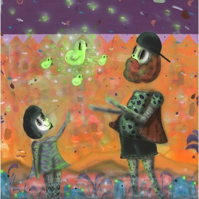 ACRILICO SU LEGNO RAMIRO DAVARO COMAS " MAGIC ELECTRIC DAD " dimensioni L 116 x H 116 cm.