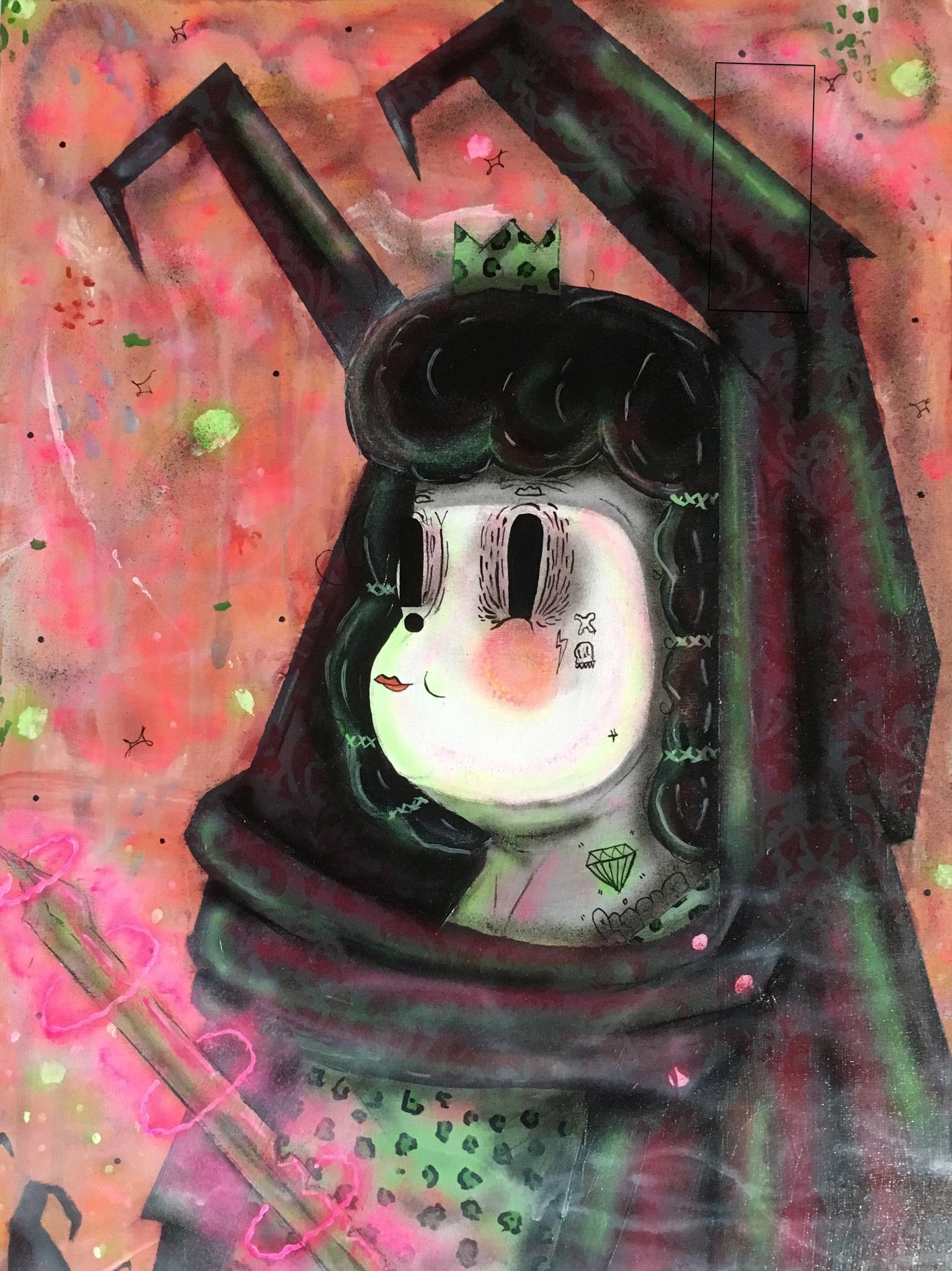 ACRILICO SU LEGNO RAMIRO DAVARO COMAS " THE GREEN LEOPARD QUEEN " dimensioni L 77,4 x H 103 cm.