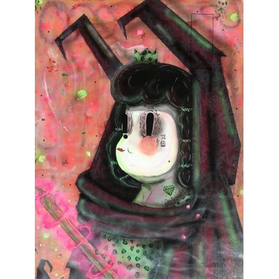 ACRILICO SU LEGNO RAMIRO DAVARO COMAS " THE GREEN LEOPARD QUEEN " dimensioni L 77,4 x H 103 cm.