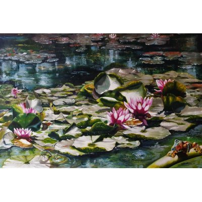 OLIO SU TELA IRMA SERVODIO ' ...E AVEVA IMPARATO CHE MOLTI PRINCIPI SONO RANOCCHI! ' dimensioni L 120 x H 80 cm.