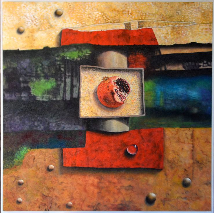 MIXED MEDIA MARCELLO REMIGI " MELOGRANO "  dimensioni L 79 x H 80 cm.