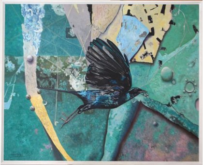 MIXED MEDIA MARCELLO REMIGI " IL MERLO " dimensioni L 90 x H 70 cm.