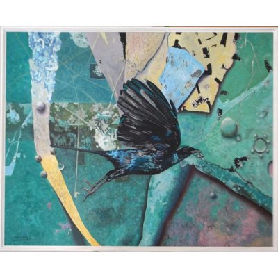 MIXED MEDIA MARCELLO REMIGI " IL MERLO " dimensioni L 90 x H 70 cm.