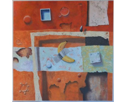 MIXED MEDIA MARCELLO REMIGI " MOLTO MEGLIO DI CATTELAN " dimensioni L 80 x H 80 cm.