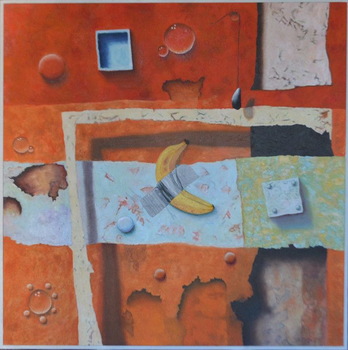 MIXED MEDIA MARCELLO REMIGI " MOLTO MEGLIO DI CATTELAN "  dimensioni L 80 x H 80 cm.