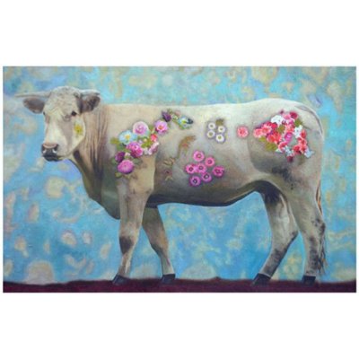 MIXED MEDIA MARCELLO REMIGI " MUCCA FIORITA " dimensioni L 95 x H 77 cm.