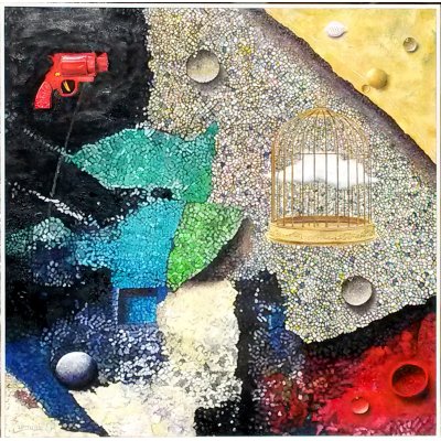 MIXED MEDIA MARCELLO REMIGI " PISTOLA ROSSA " dimensioni L 90 x H 90 cm.