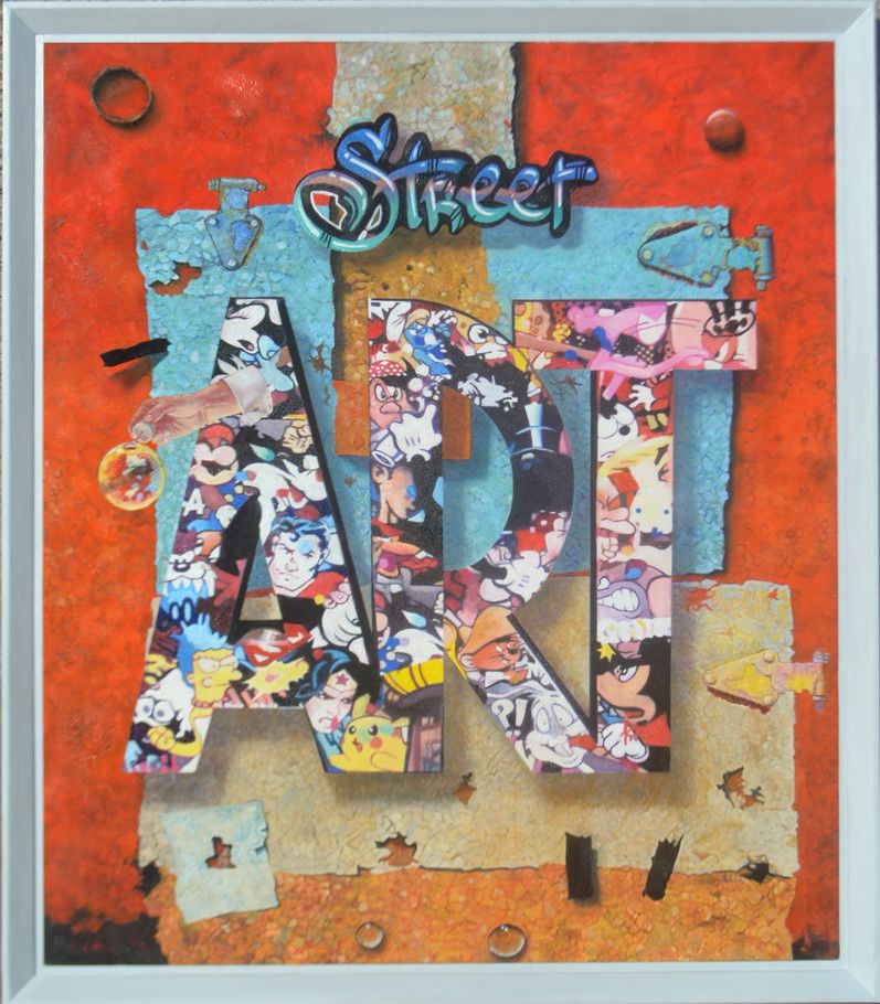 MIXED MEDIA MARCELLO REMIGI " STREET ART "  dimensioni L 78 x H 90 cm.