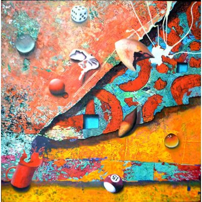 MIXED MEDIA MARCELLO REMIGI " TAZZA ROSSA " dimensioni L 90 x H 90 cm.