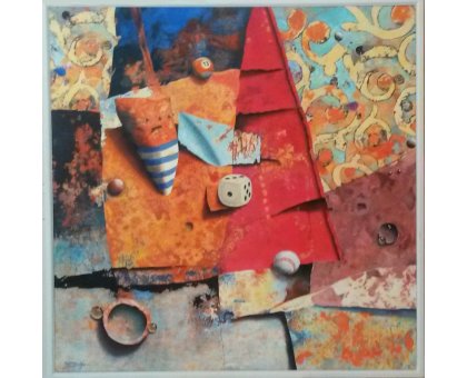 MIXED MEDIA MARCELLO REMIGI " TRIANGOLO ROSSO " dimensioni L 85 x H 85 cm.