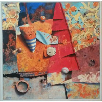 MIXED MEDIA MARCELLO REMIGI " TRIANGOLO ROSSO " dimensioni L 85 x H 85 cm.