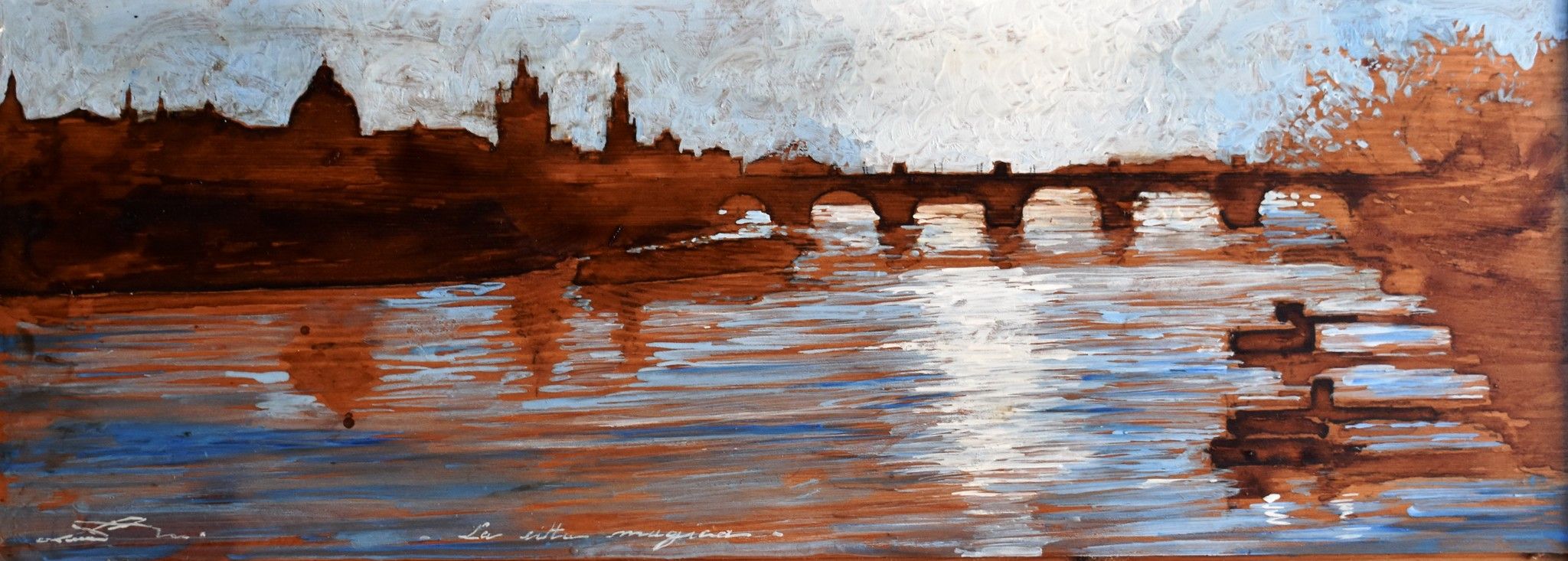 MIXED MEDIA MASSIMO LOMI " LA CITTA' MAGICA "  dimensioni L 67 x H 36 cm.