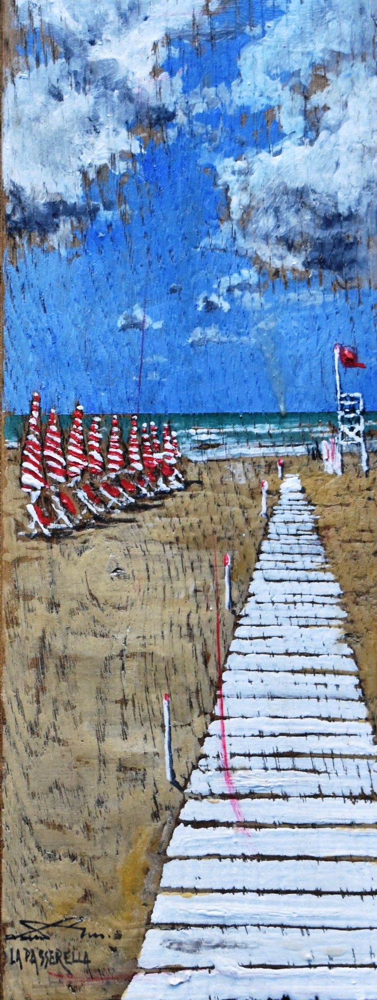 MIXED MEDIA MASSIMO LOMI " LA PASSERELLA "  dimensioni L 30 x H 50 cm.