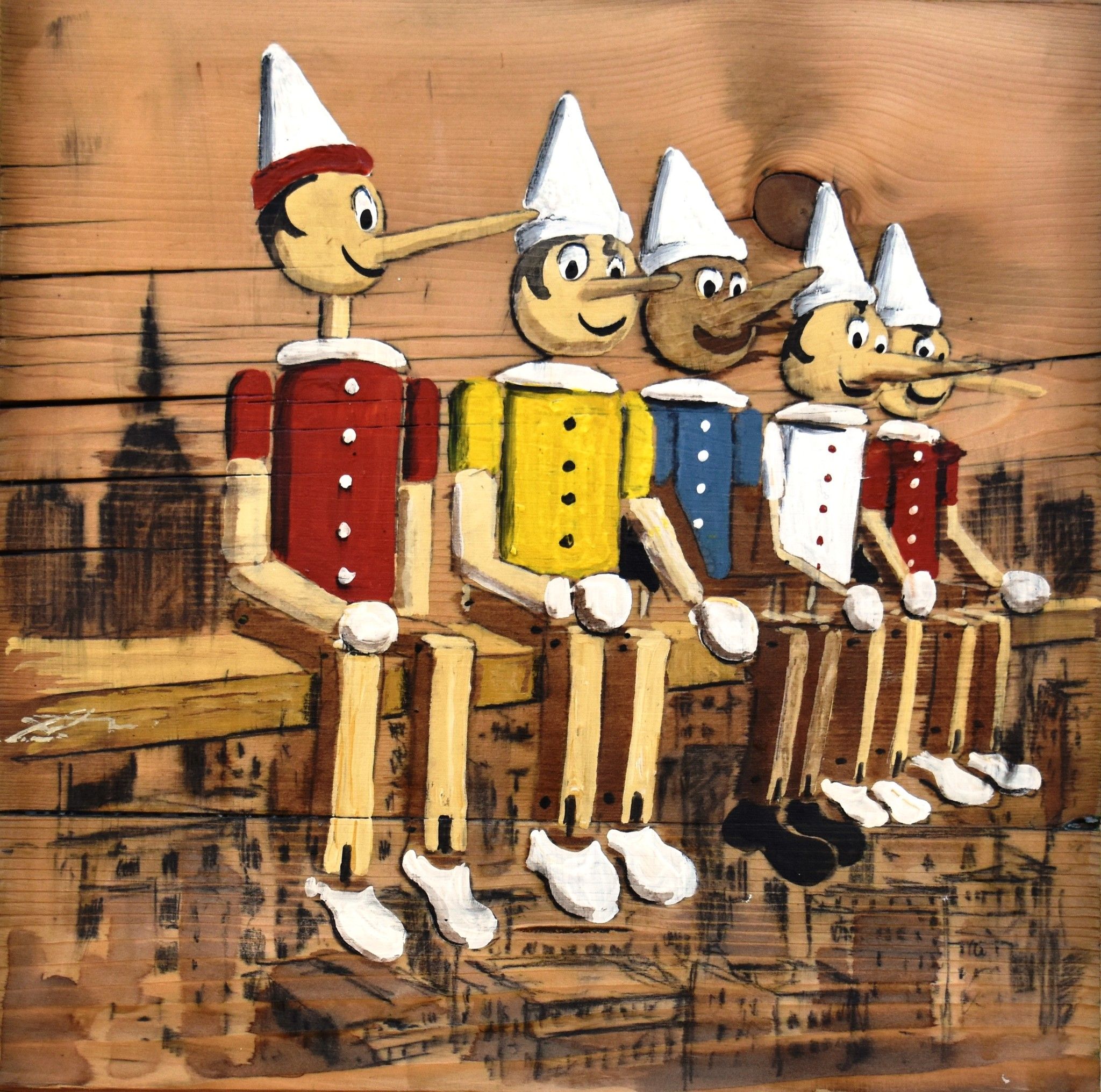 MIXED MEDIA MASSIMO LOMI ' PRANZO SUL GRATTACIELO '  dimensioni L 48 x H 53 cm.