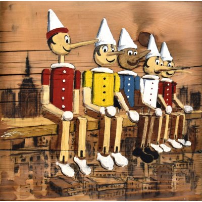 MIXED MEDIA MASSIMO LOMI ' PRANZO SUL GRATTACIELO ' dimensioni L 48 x H 53 cm.