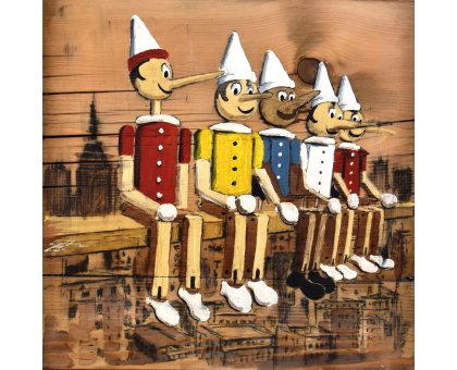 MIXED MEDIA MASSIMO LOMI ' PRANZO SUL GRATTACIELO ' dimensioni L 48 x H 53 cm.