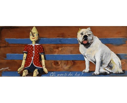 MIXED MEDIA MASSIMO LOMI " CHI MENTE DEI DUE ? " dimensioni L 95 x H 54 cm.