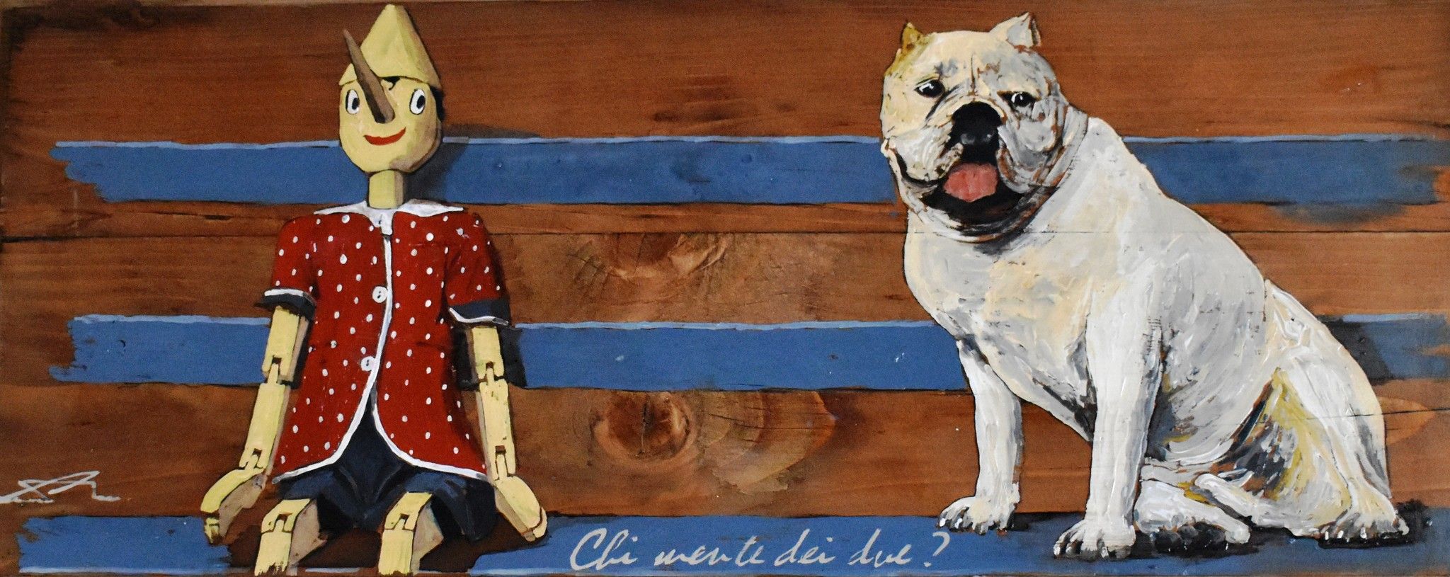 MIXED MEDIA MASSIMO LOMI " CHI MENTE DEI DUE ? " dimensioni L 95 x H 54 cm.