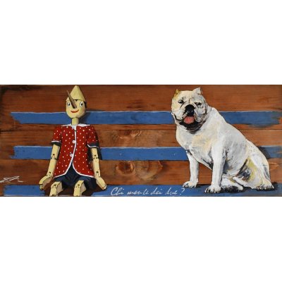 MIXED MEDIA MASSIMO LOMI " CHI MENTE DEI DUE ? " dimensioni L 95 x H 54 cm.