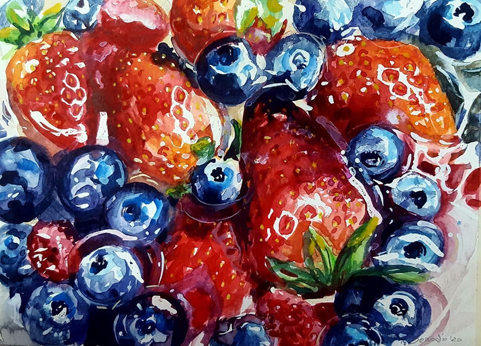 ACQUERELLO SU CARTA IRMA SERVODIO  "LA VITA E UNA GIOIA, GUSTALA"  dimensioni  L 30 x H 22 cm.