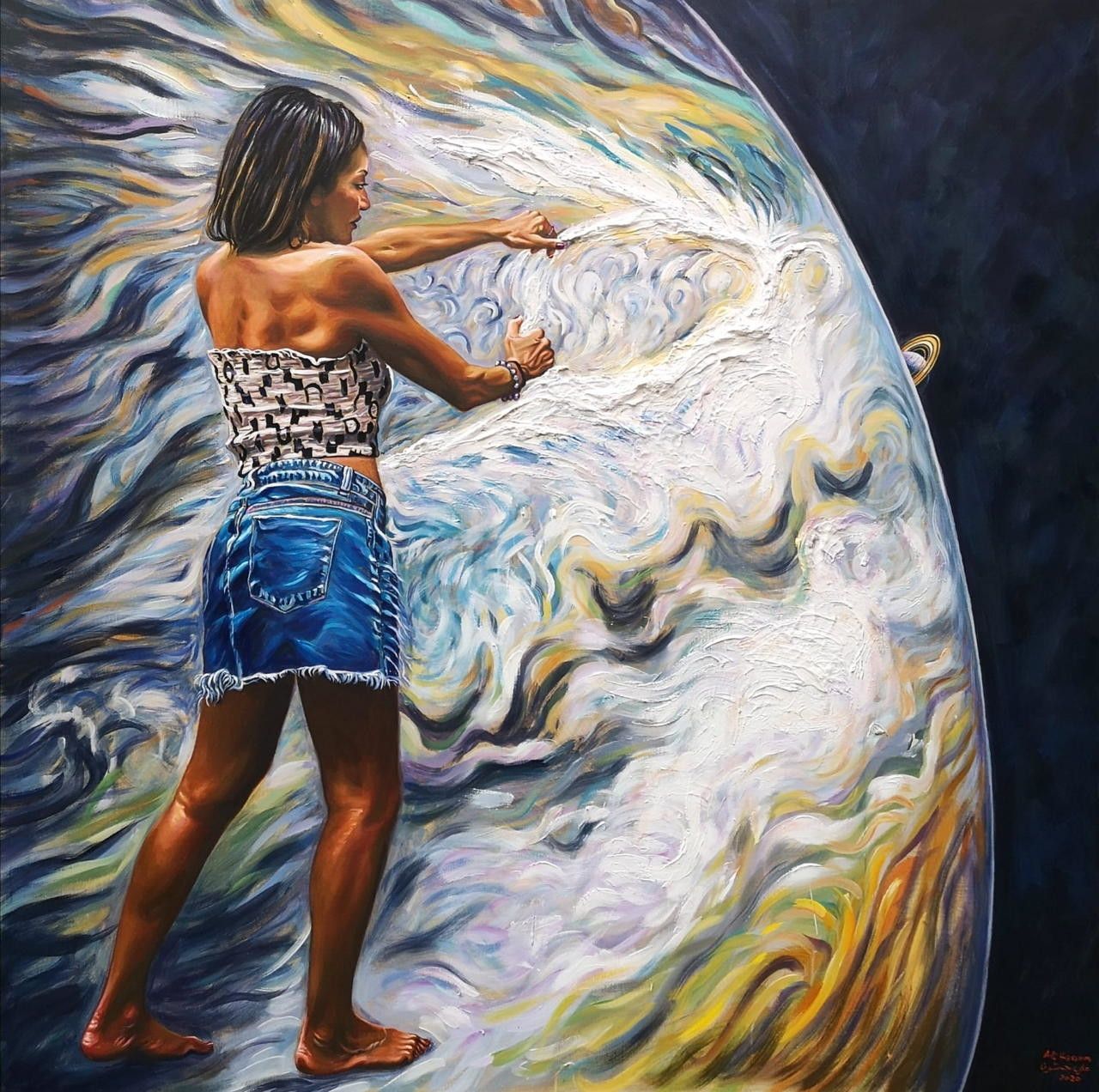 OIL ON CANVAS  ALI HASSOUN " LA GRANDE CONGIUNZIONE "  size  L 150 x H 150 cm.