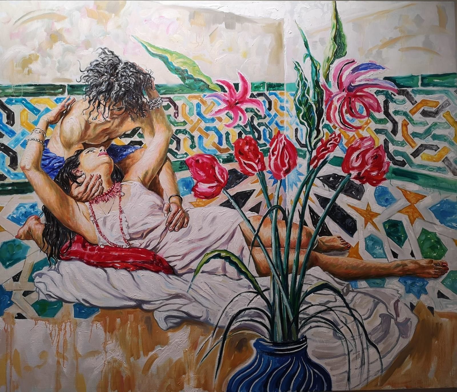 OIL ON CANVAS   ALI HASSOUN " AMORE E PSICHE "  size  L 170 x H 200 cm.