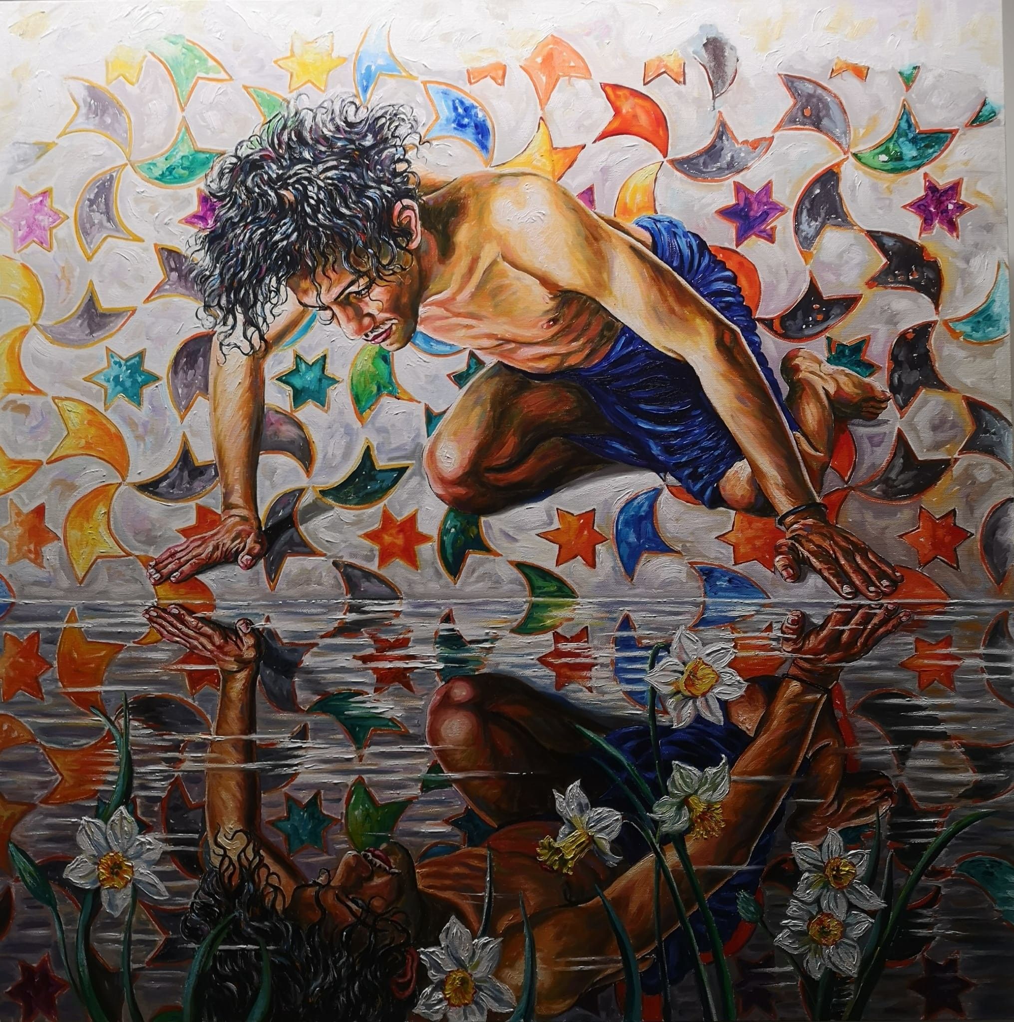 OIL ON CANVAS   ALI HASSOUN " NARCISO "   size  L 150 x H 150 cm.