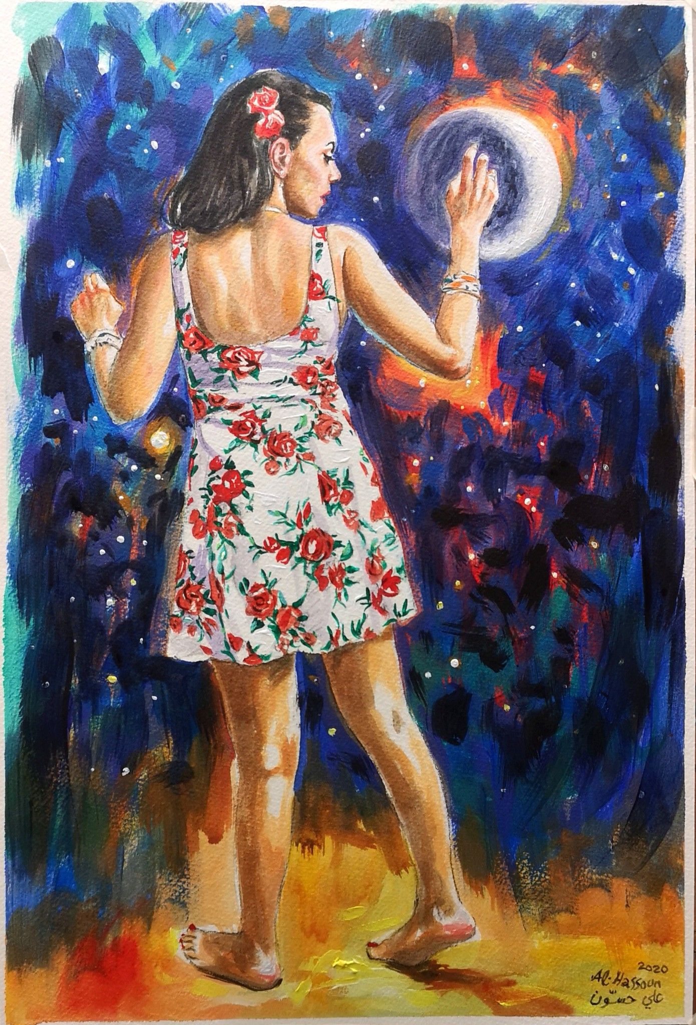 ACQUARELLO  SU CARTA ALI  HASSOUN " GIVE ME THE MOON "  dimensioni L 45 x H 35 cm.