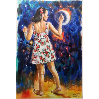 ACQUARELLO SU CARTA ALI HASSOUN " GIVE ME THE MOON " dimensioni L 45 x H 35 cm.