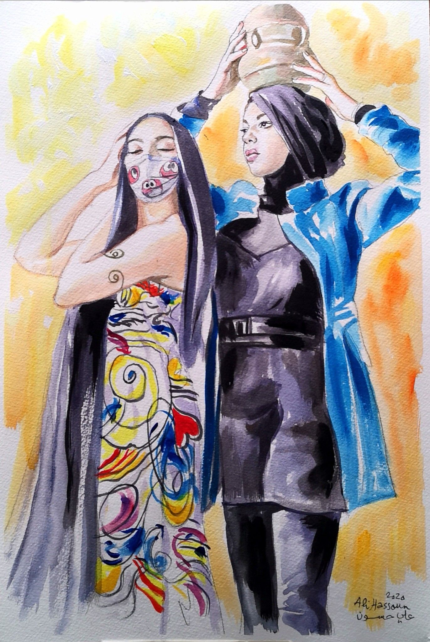 ACQUARELLO SU CARTA  ALI HASSOUN ' FASHION WEEK '  dimensioni L 45 x H 30 cm.