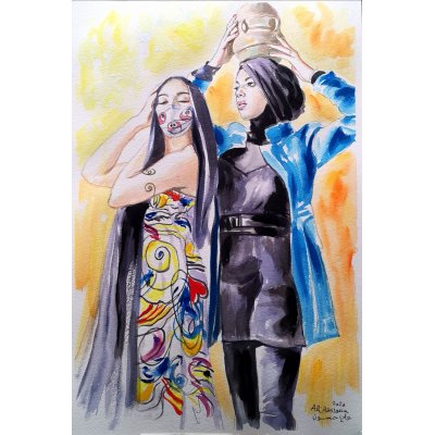 ACQUARELLO SU CARTA ALI HASSOUN ' FASHION WEEK ' dimensioni L 45 x H 30 cm.